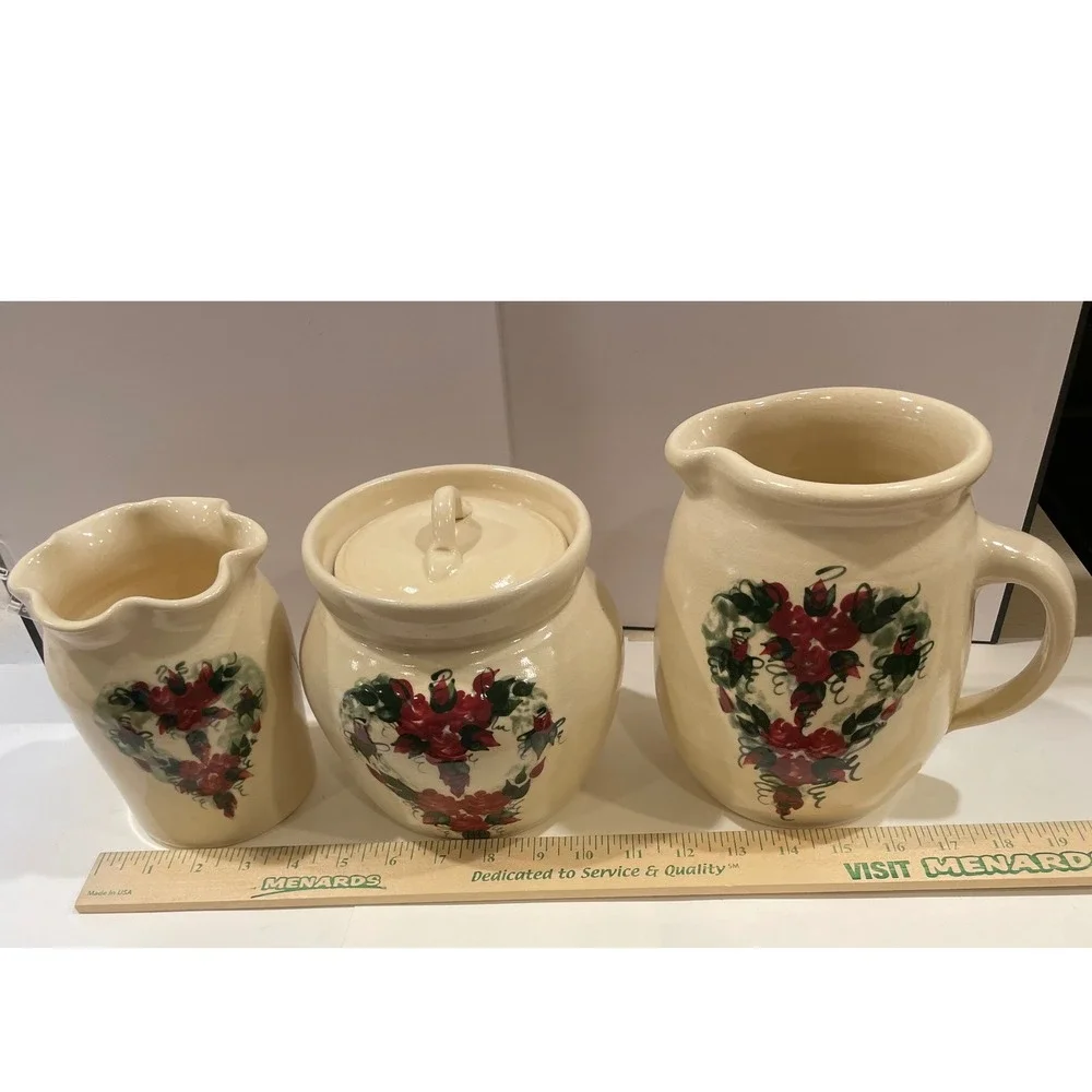 East Texas Pottery Canister Set Pitcher Crock Cream Red Rose Heart 6pc Excellent